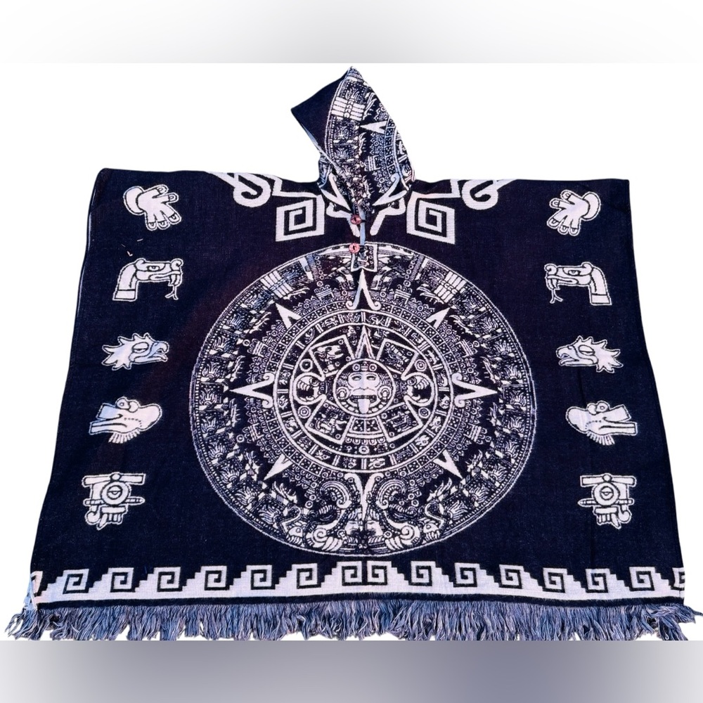 Aztec calendar alpaca poncho,hooded with wooden buttons made in Ecuador